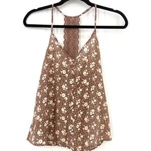 Y2K Brown Floral Button Tank Top Small Lace Back Boho Cottagecore Sweet Wanderer